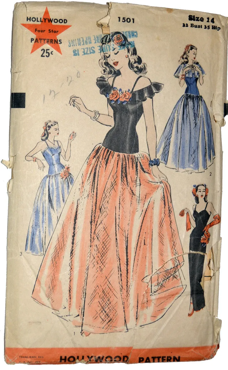 1940s Vintage Hollywood 1501 Uncutl Evening Dress Pattern 32B