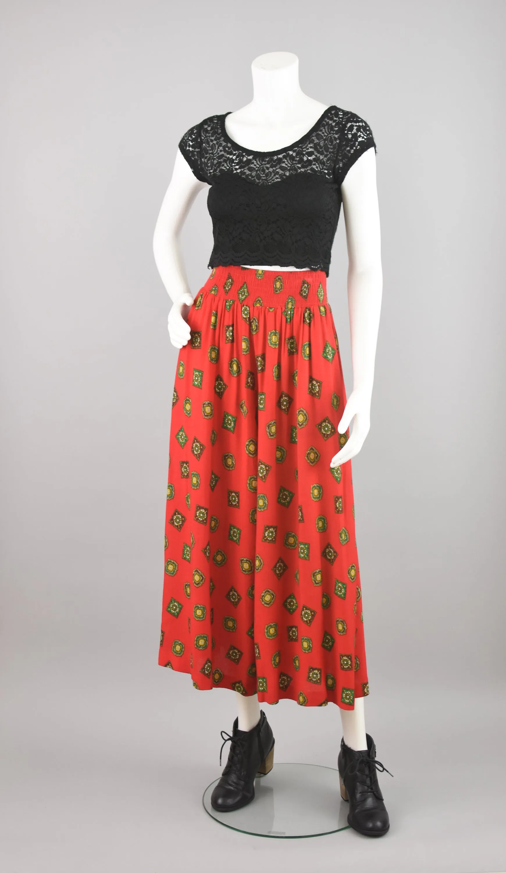 80s Red Scarf Print Wide Leg Culottes Women's Size 6