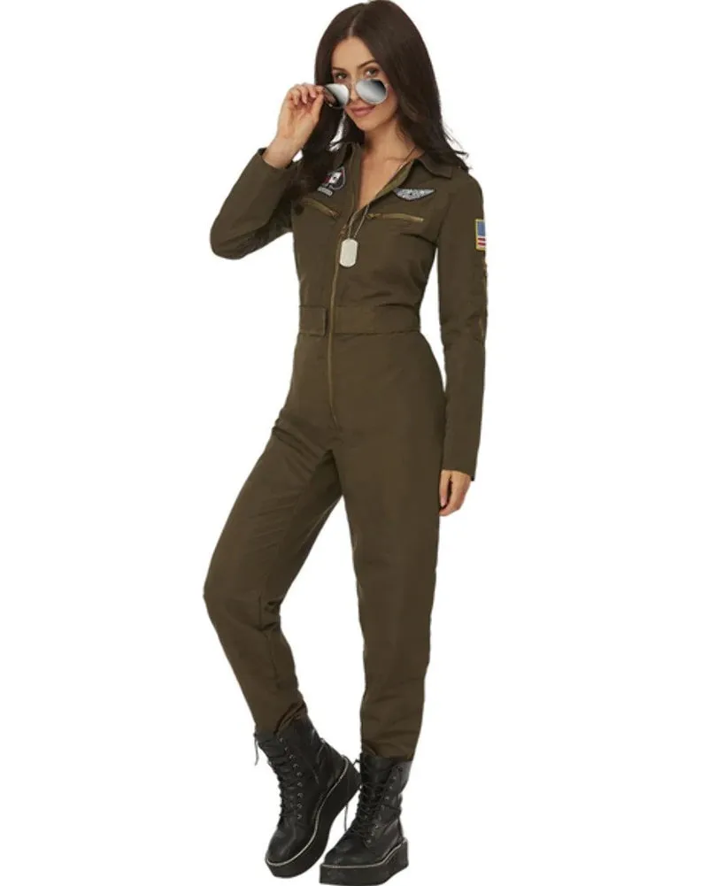 80's Top Gun Maverick Ladies Aviator Jumpsuit Costume Green