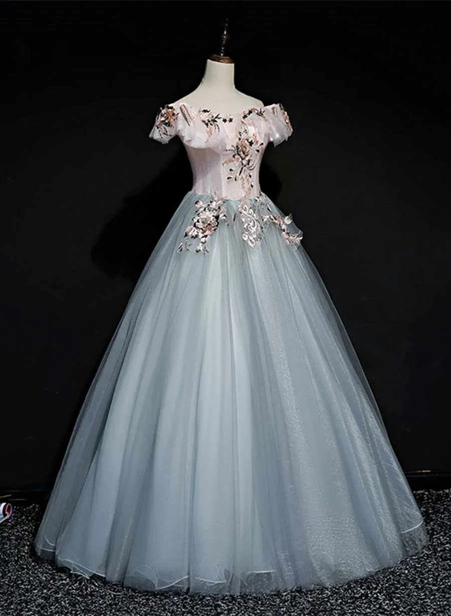 A-line Tulle with Lace Applique Off Shoulder Long Party Dress, Sweet 16 Formal Dress