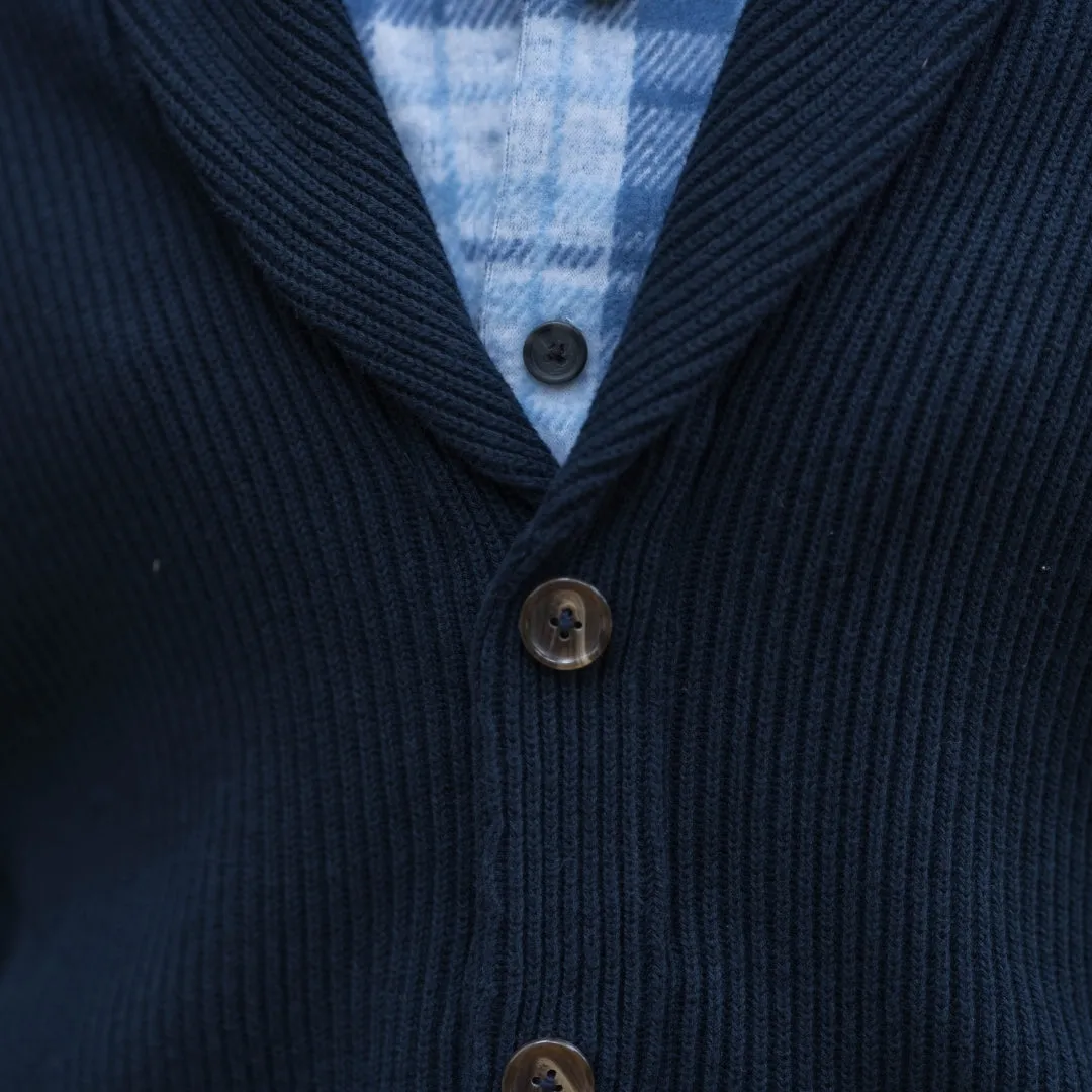 Adaptive Ribbed Cotton Shawl Collar Cardigan with Magnetic Button Front and Pockets in Navy