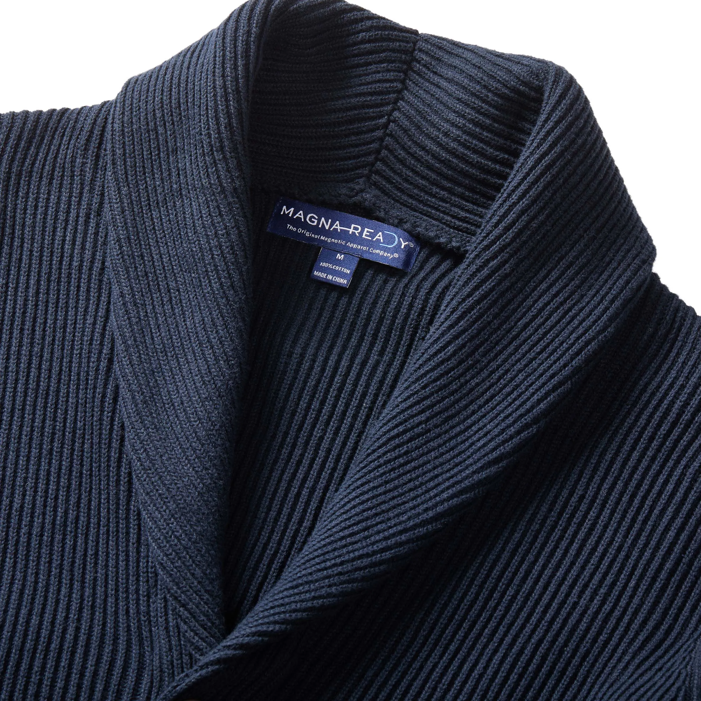 Adaptive Ribbed Cotton Shawl Collar Cardigan with Magnetic Button Front and Pockets in Navy