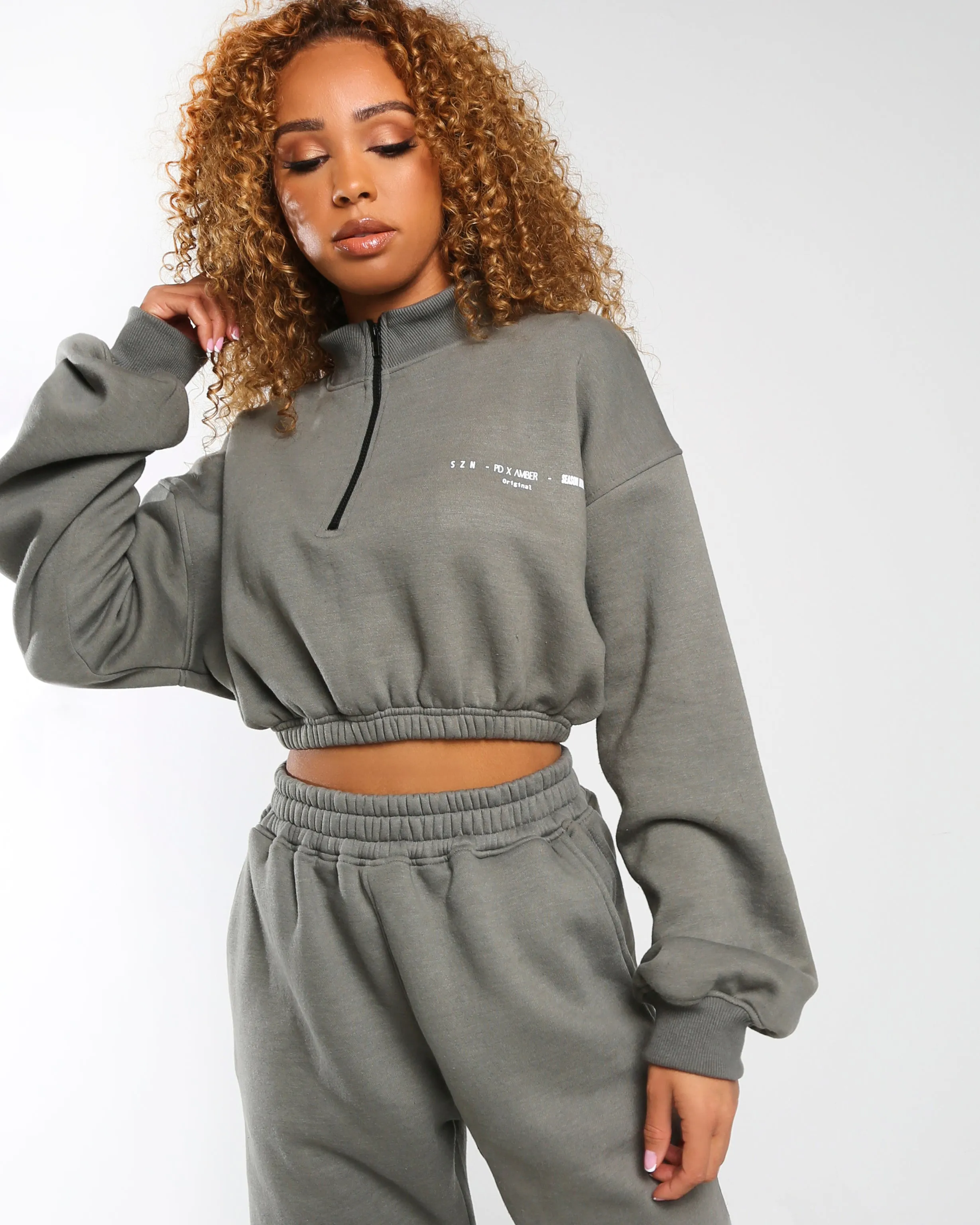 Amber x Public Desire crop sweatshirt zip detail co-ord slate