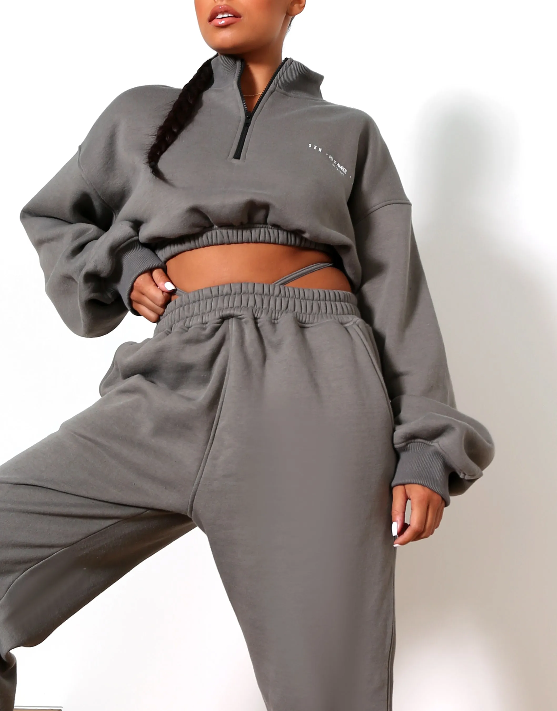 Amber x Public Desire crop sweatshirt zip detail co-ord slate