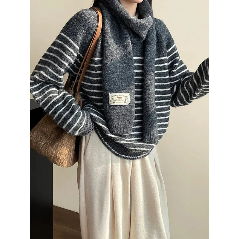 Amozae-Autumn Casual Outfits Amozae-Women's Striped Pullover Sweater and Scarf Set, Knitted Top, Wool, Casual, 2-Piece