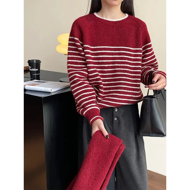 Amozae-Autumn Casual Outfits Amozae-Women's Striped Pullover Sweater and Scarf Set, Knitted Top, Wool, Casual, 2-Piece