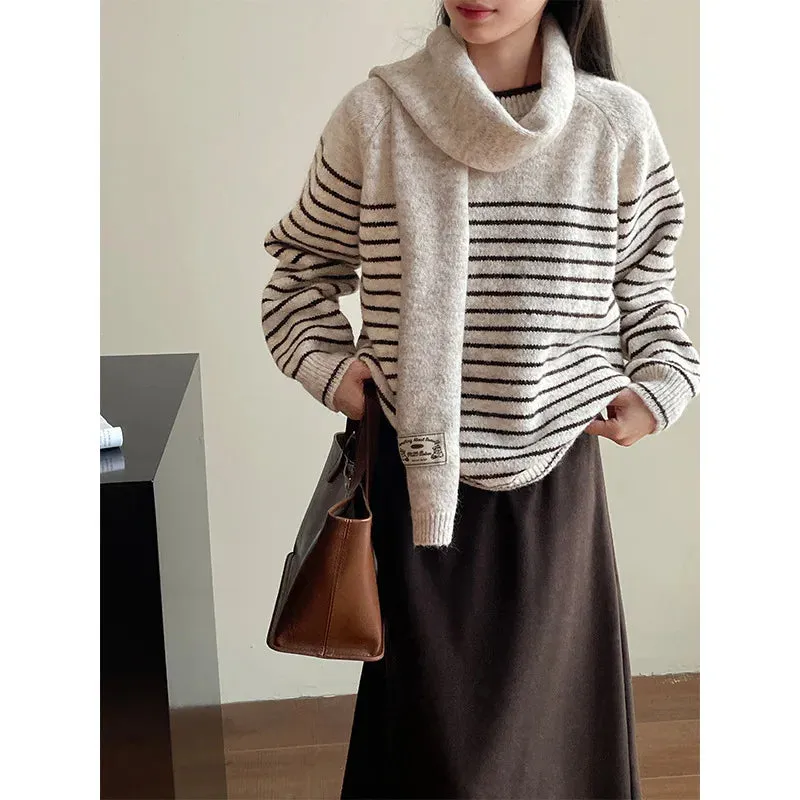 Amozae-Autumn Casual Outfits Amozae-Women's Striped Pullover Sweater and Scarf Set, Knitted Top, Wool, Casual, 2-Piece