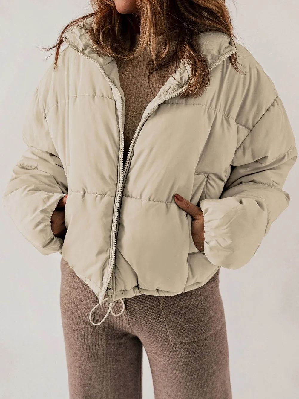 Apricot Quilted Puffer Jacket with Drawstring Hem