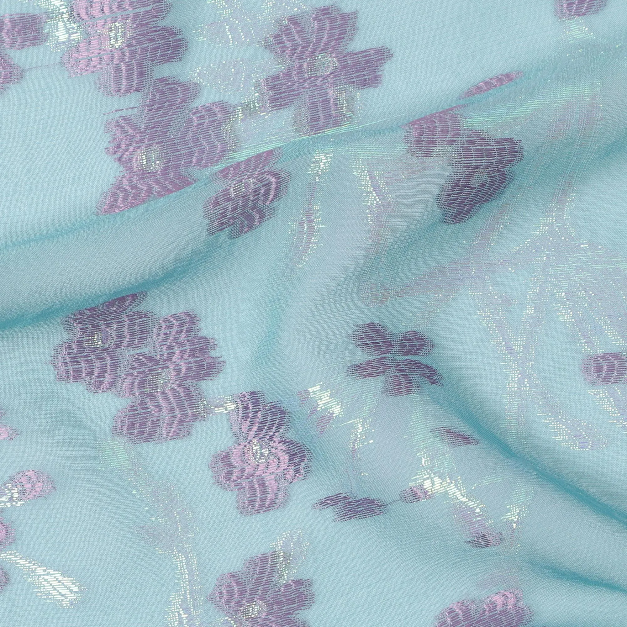 Aqua Blue Silk Chiffon Fabric with Lavender Floral Embroidery and Metallic Lurex, 110 cm Width, Made in South Korea-D21153