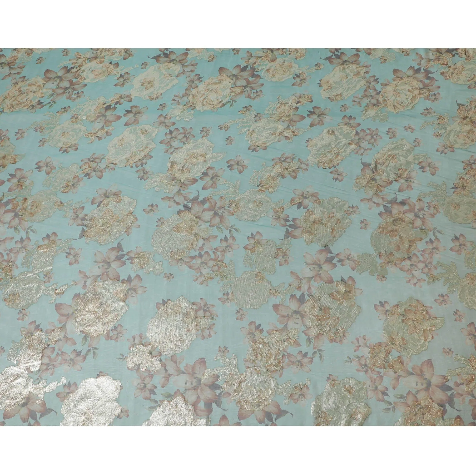 Aqua green premium pure silk chiffon fabric with pale brown and olive green print having gold metallic lurex in floral design-D10785