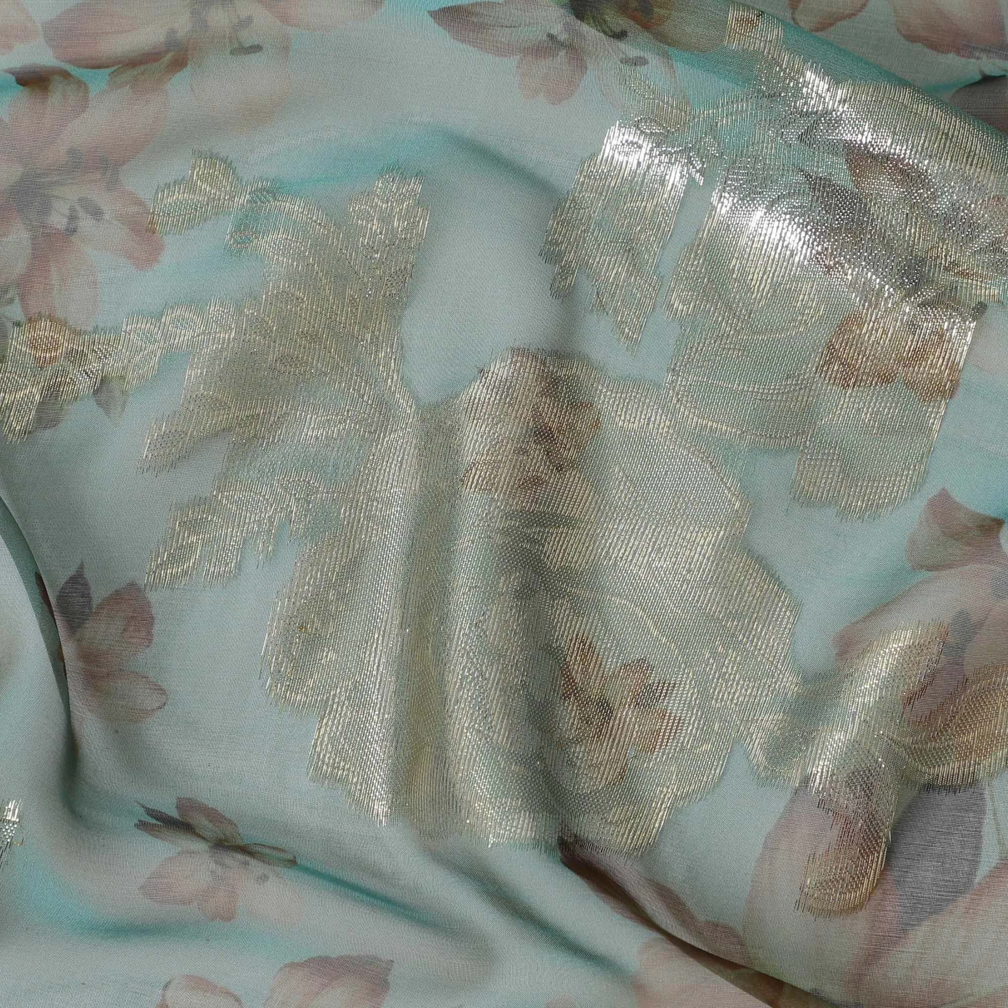 Aqua green premium pure silk chiffon fabric with pale brown and olive green print having gold metallic lurex in floral design-D10785