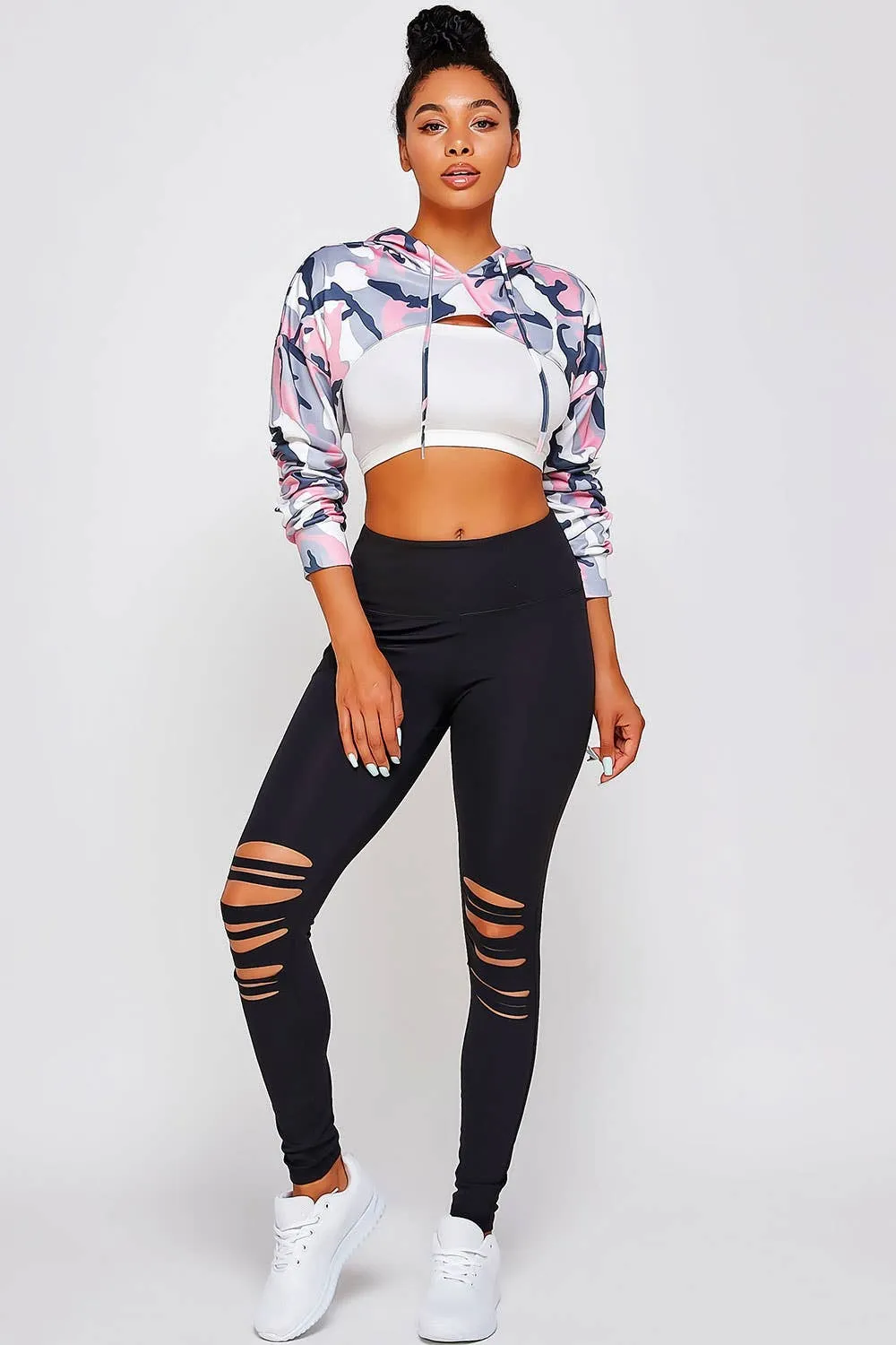 Arm Warmer Crop Hoodie Sweatshirt - Pink