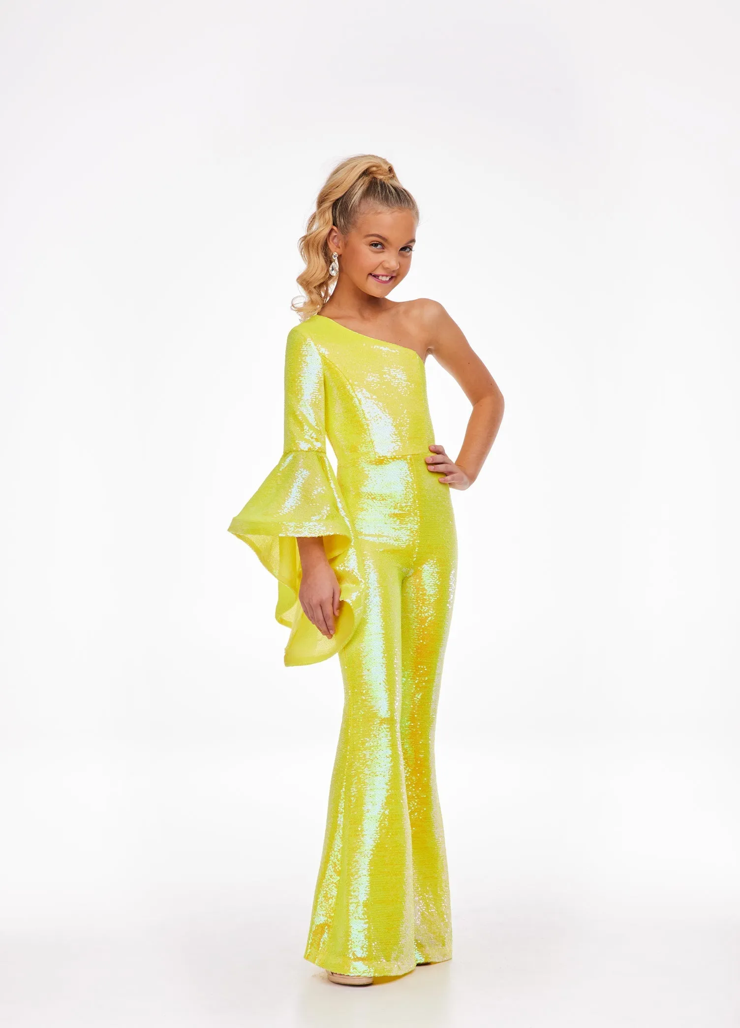 Ashley Lauren Kids 8110 Size 6 Coral One Shoulder Jumpsuit Long Bell Sleeve Sequin Pageant