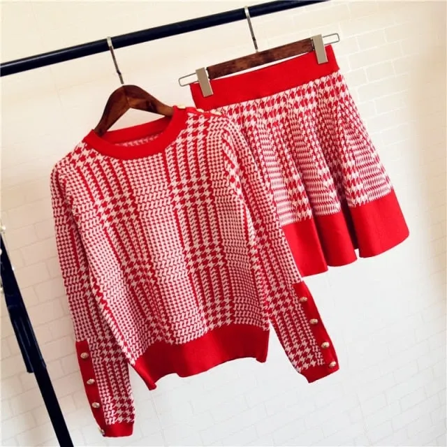 Ashore Shop Women's Plaid Sweater Skirt Long Sleeve Knitted Suit