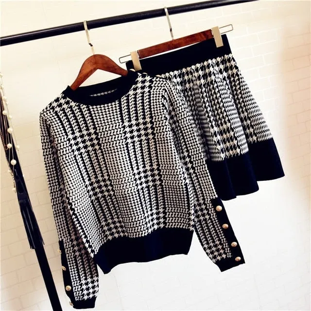 Ashore Shop Women's Plaid Sweater Skirt Long Sleeve Knitted Suit