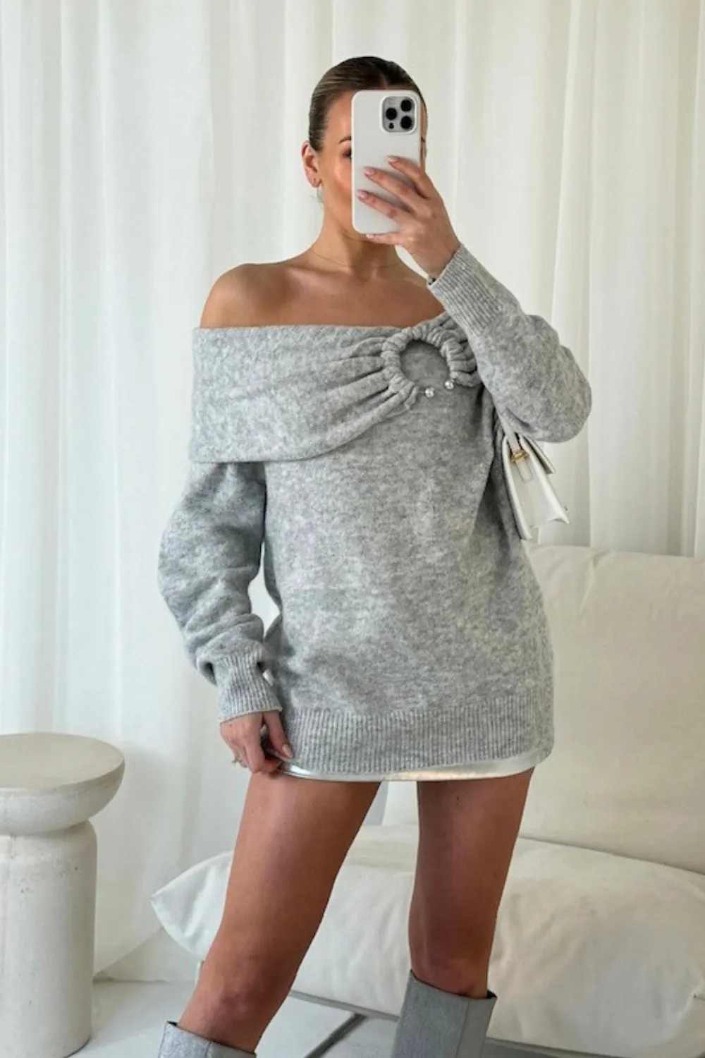 Aurelia grey off the shoulder ring knit jumper