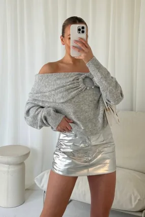 Aurelia grey off the shoulder ring knit jumper