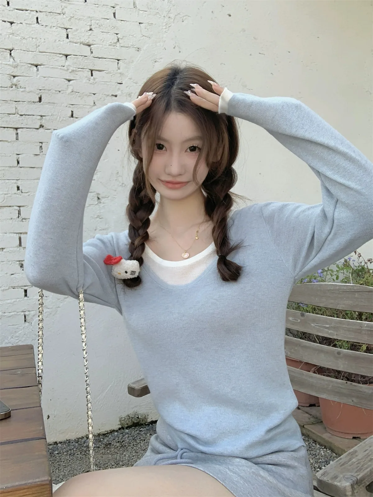 baby blue fake two-piece knit sweater long sleeve female early autumn gentle wind soft glut sweater with a base layer top