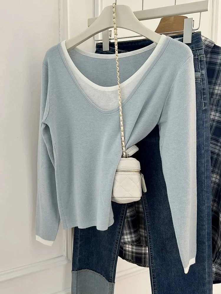 baby blue fake two-piece knit sweater long sleeve female early autumn gentle wind soft glut sweater with a base layer top