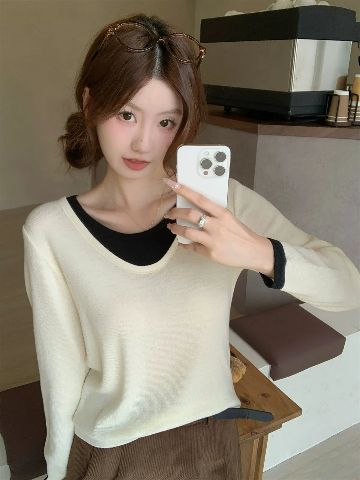 baby blue fake two-piece knit sweater long sleeve female early autumn gentle wind soft glut sweater with a base layer top