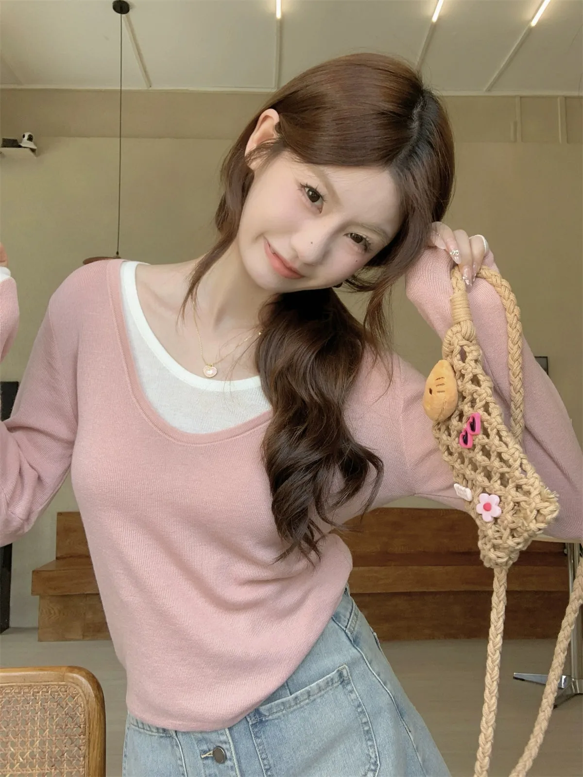 baby blue fake two-piece knit sweater long sleeve female early autumn gentle wind soft glut sweater with a base layer top