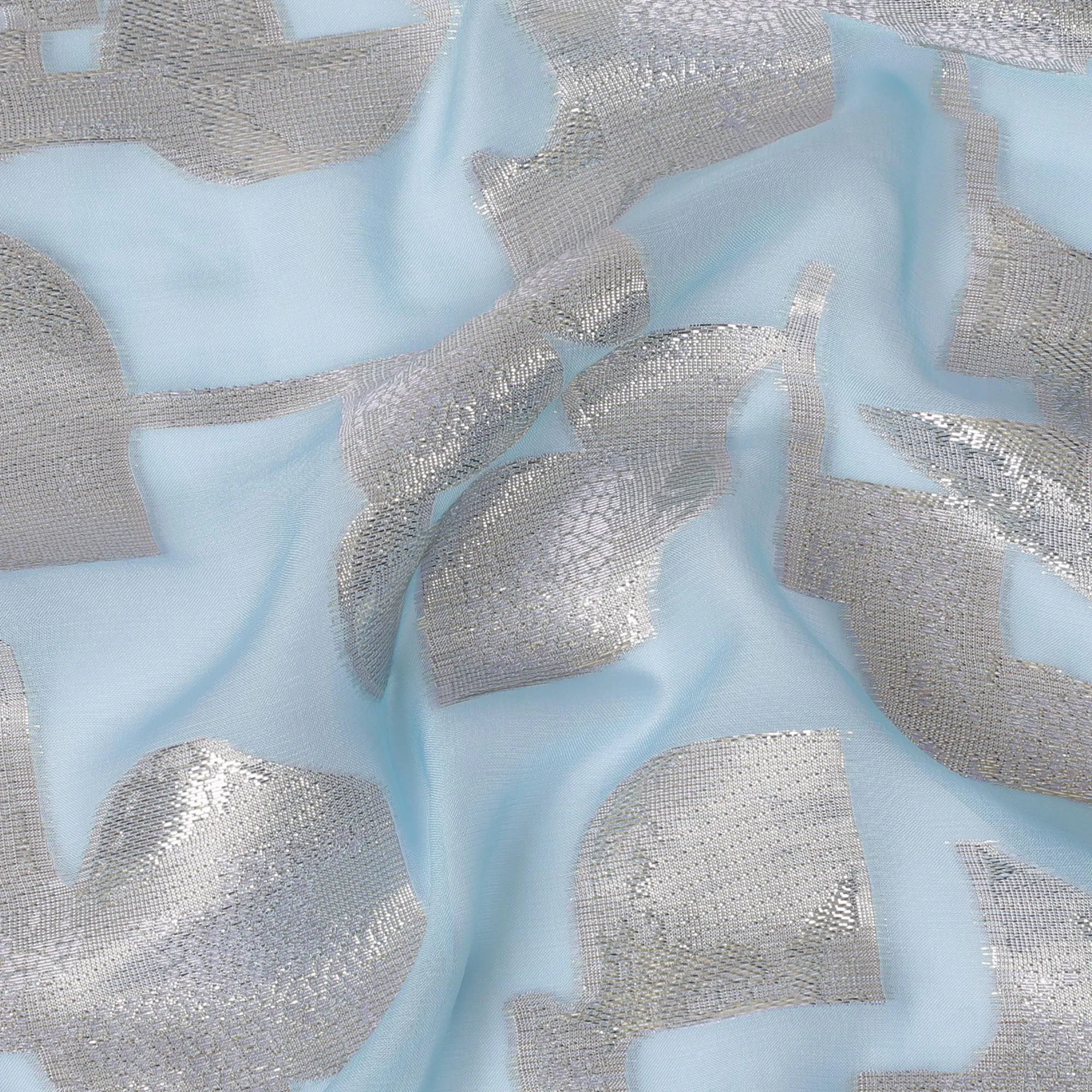 Baby blue Premium pure silk chiffon fabric with gold metallic lurex in abstract design-D17227