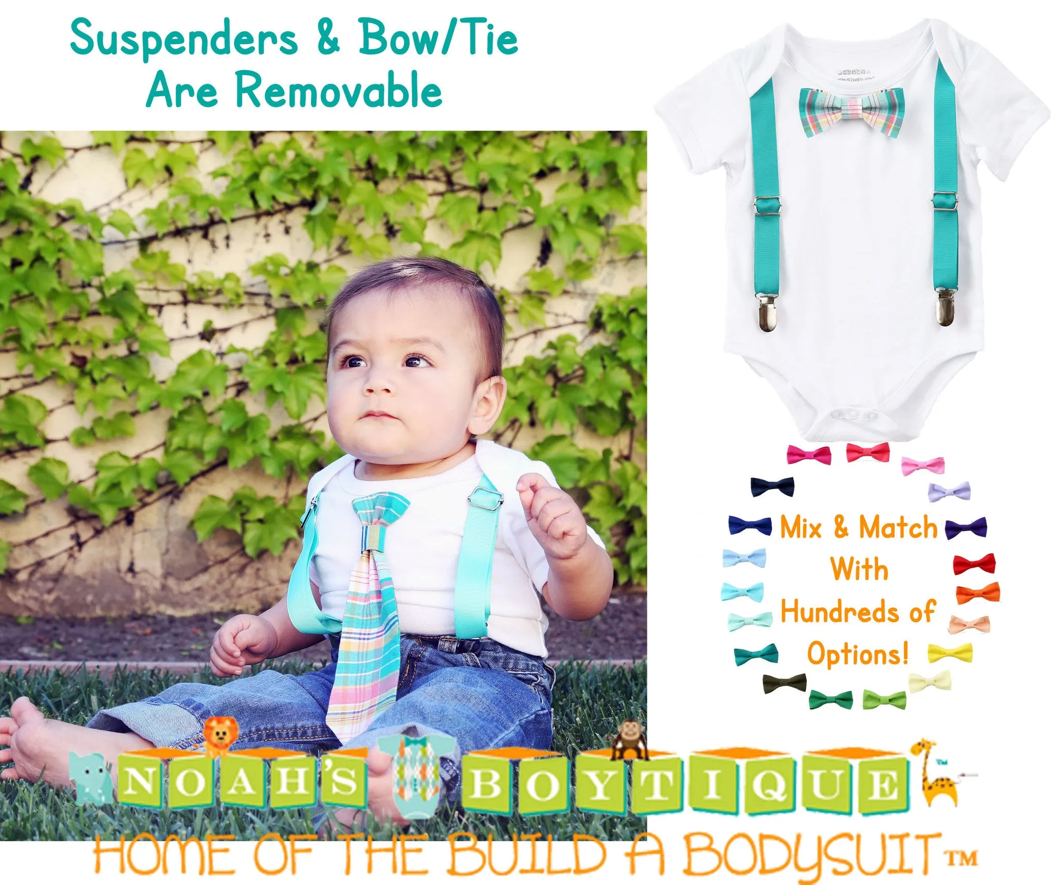 Baby Boy Clothes With Tie and Suspenders Teal/Pink Plaid Pattern