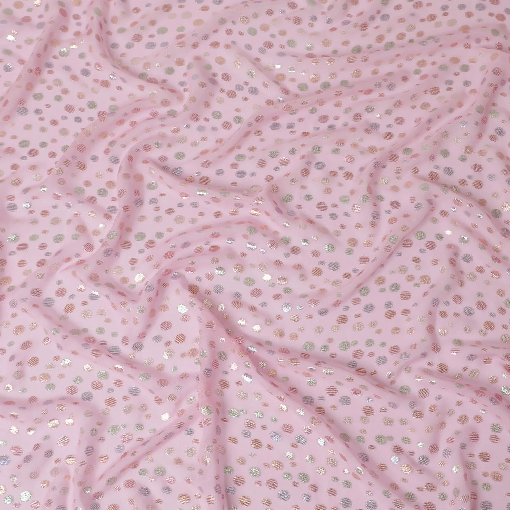 Baby pink Premium pure silk chiffon fabric with multicolor metallic lurex in dot design-D15334