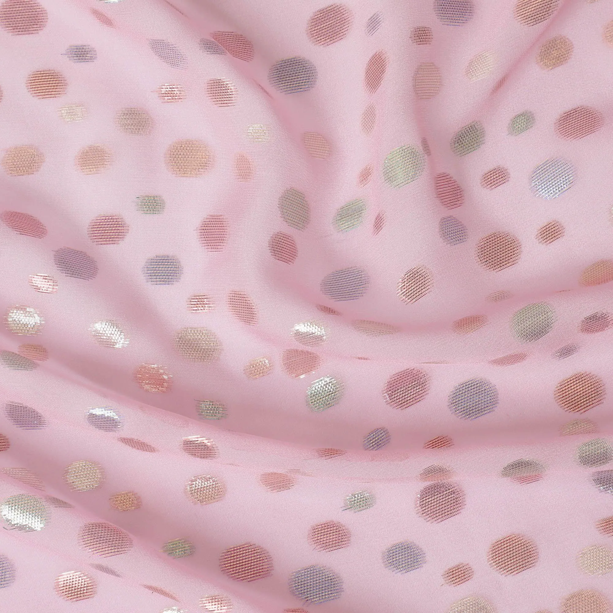 Baby pink Premium pure silk chiffon fabric with multicolor metallic lurex in dot design-D15334