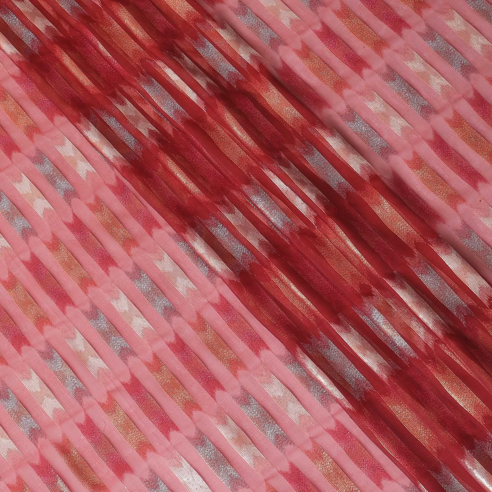 Barn red premium pure silk chiffon fabric with multicolor metallic lurex in abstract design-D10037