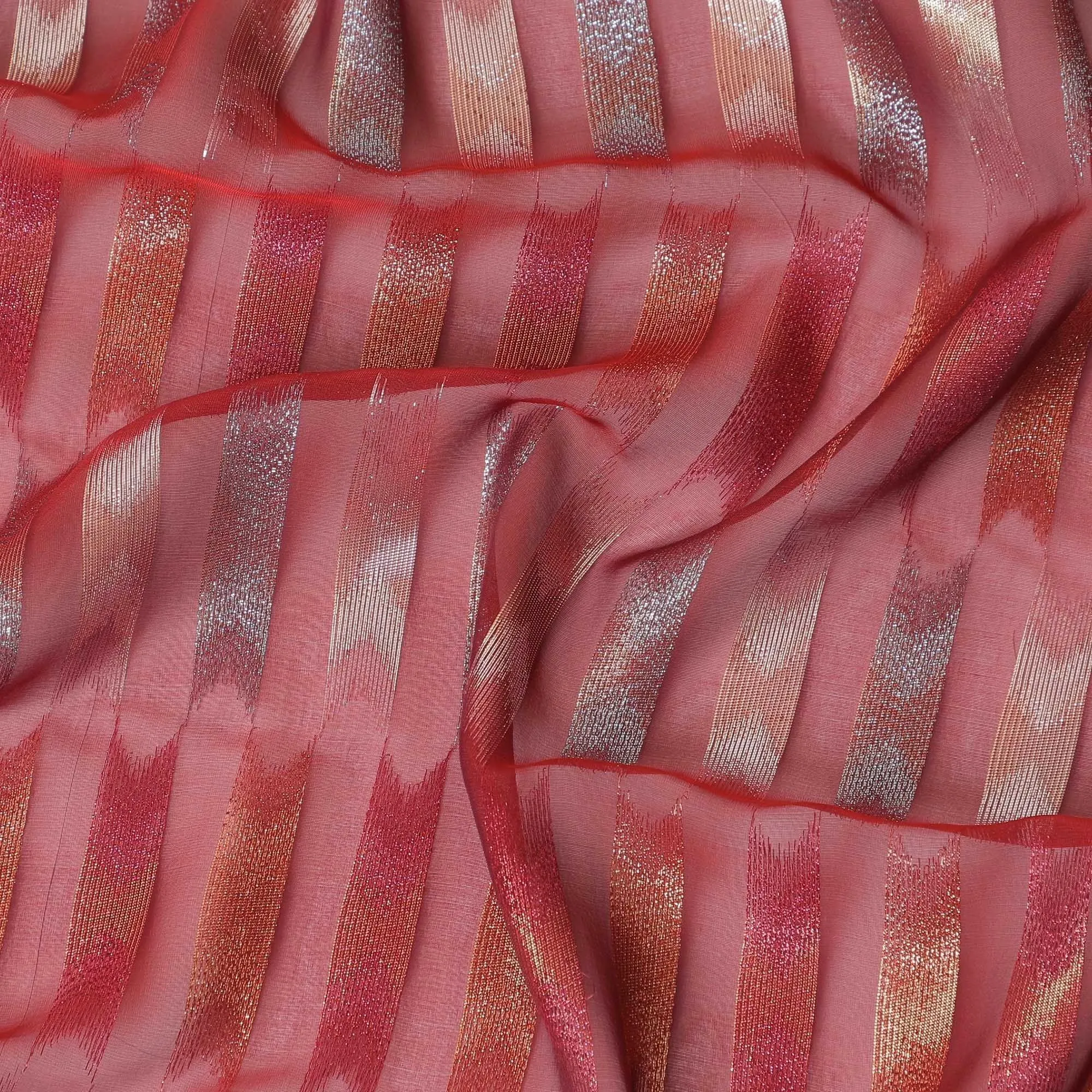 Barn red premium pure silk chiffon fabric with multicolor metallic lurex in abstract design-D10037