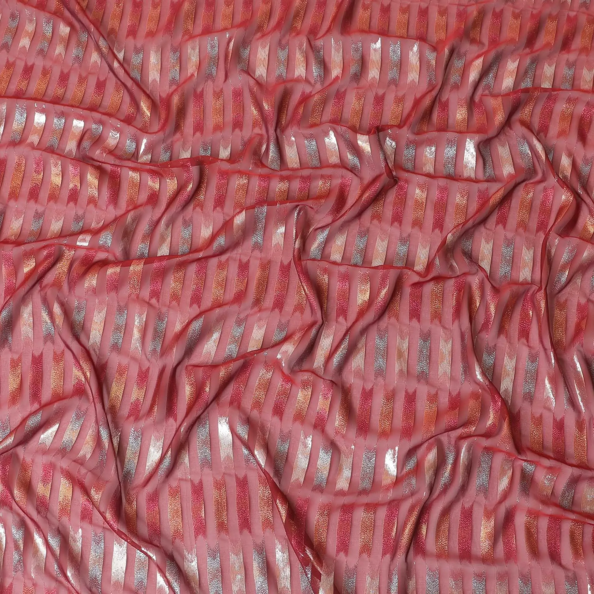 Barn red premium pure silk chiffon fabric with multicolor metallic lurex in abstract design-D10037