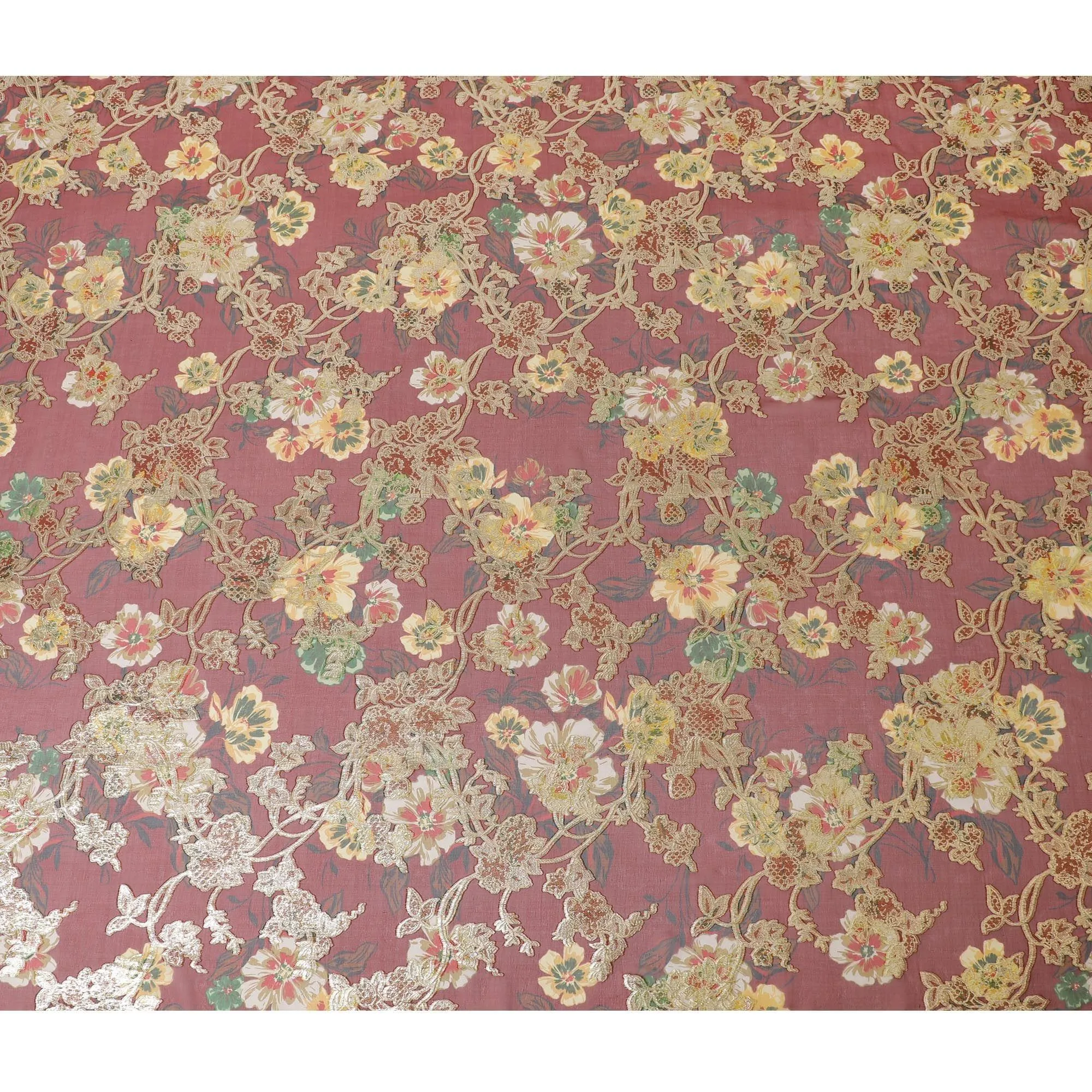 Barn red Premium pure silk chiffon fabric with multicolor print and gold metallic lurex in floral design-D14294