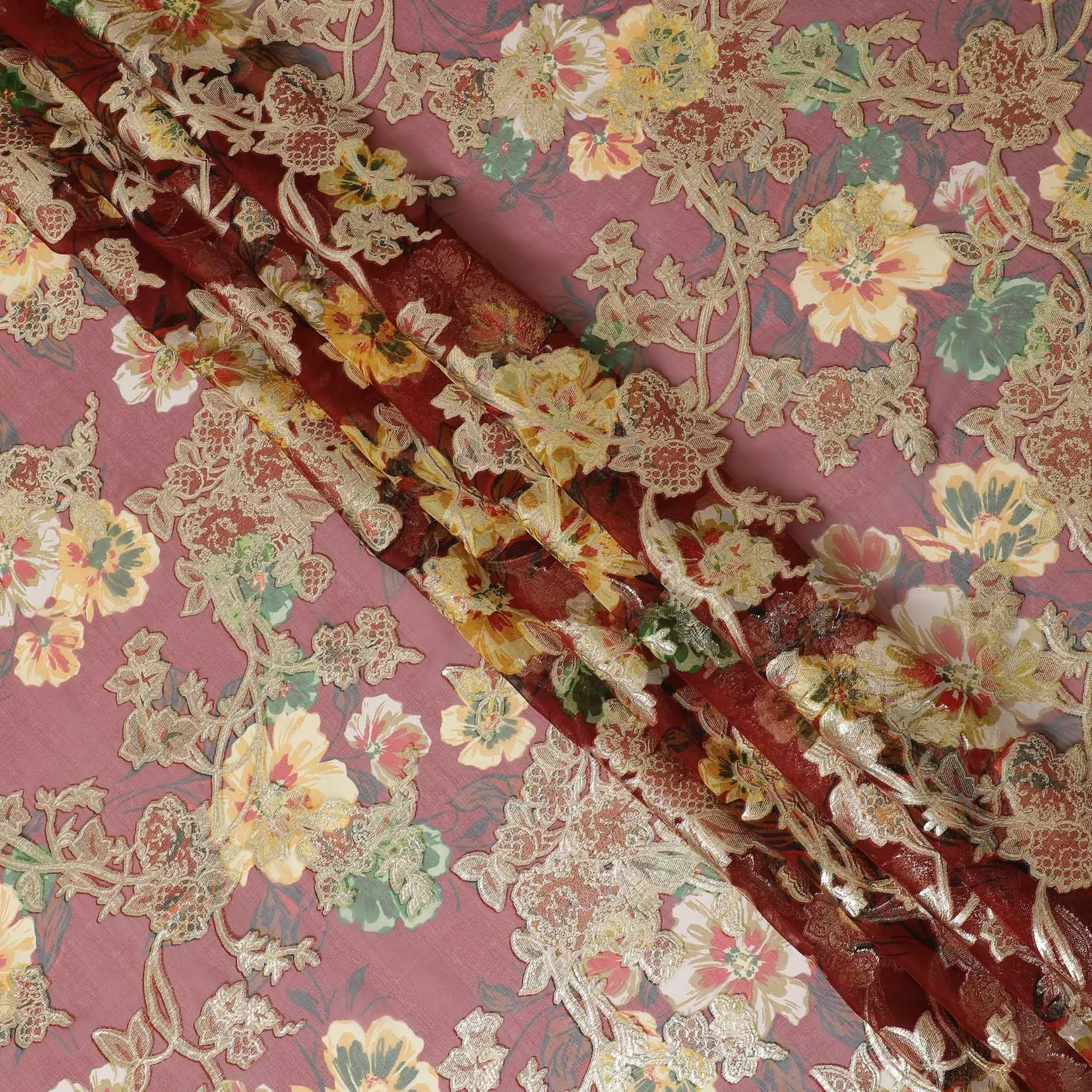 Barn red Premium pure silk chiffon fabric with multicolor print and gold metallic lurex in floral design-D14294