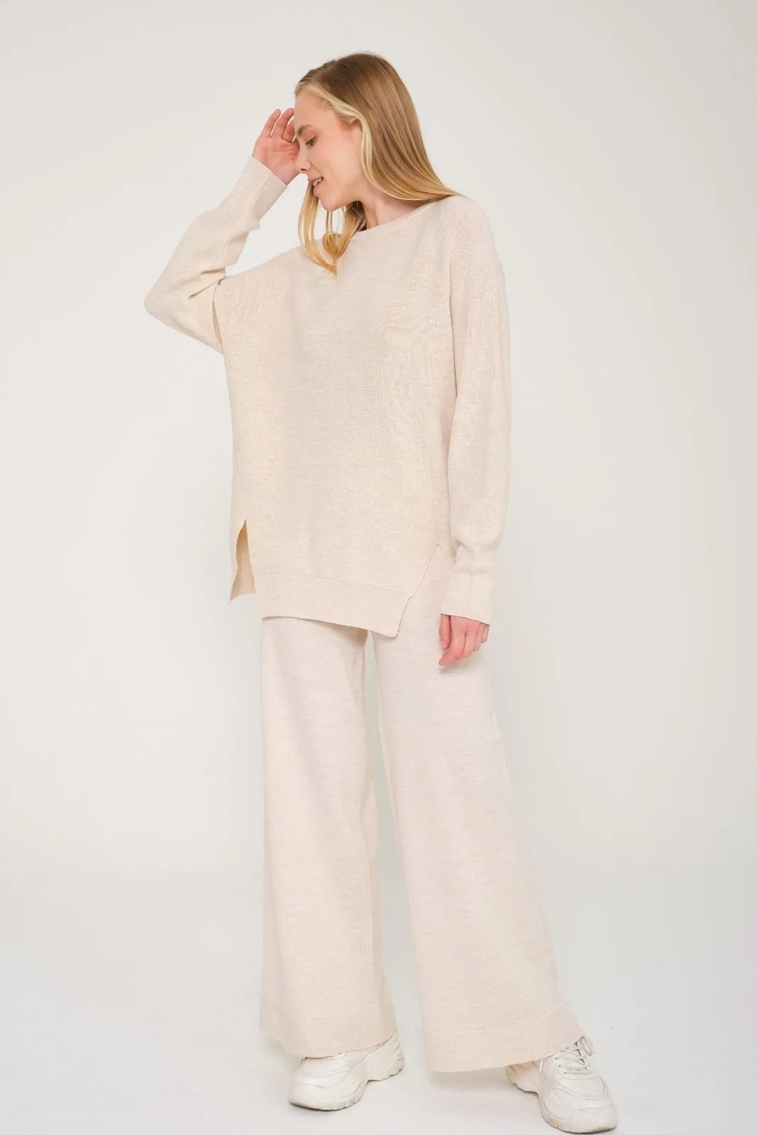 Beige Knit Sweater & Pants Set