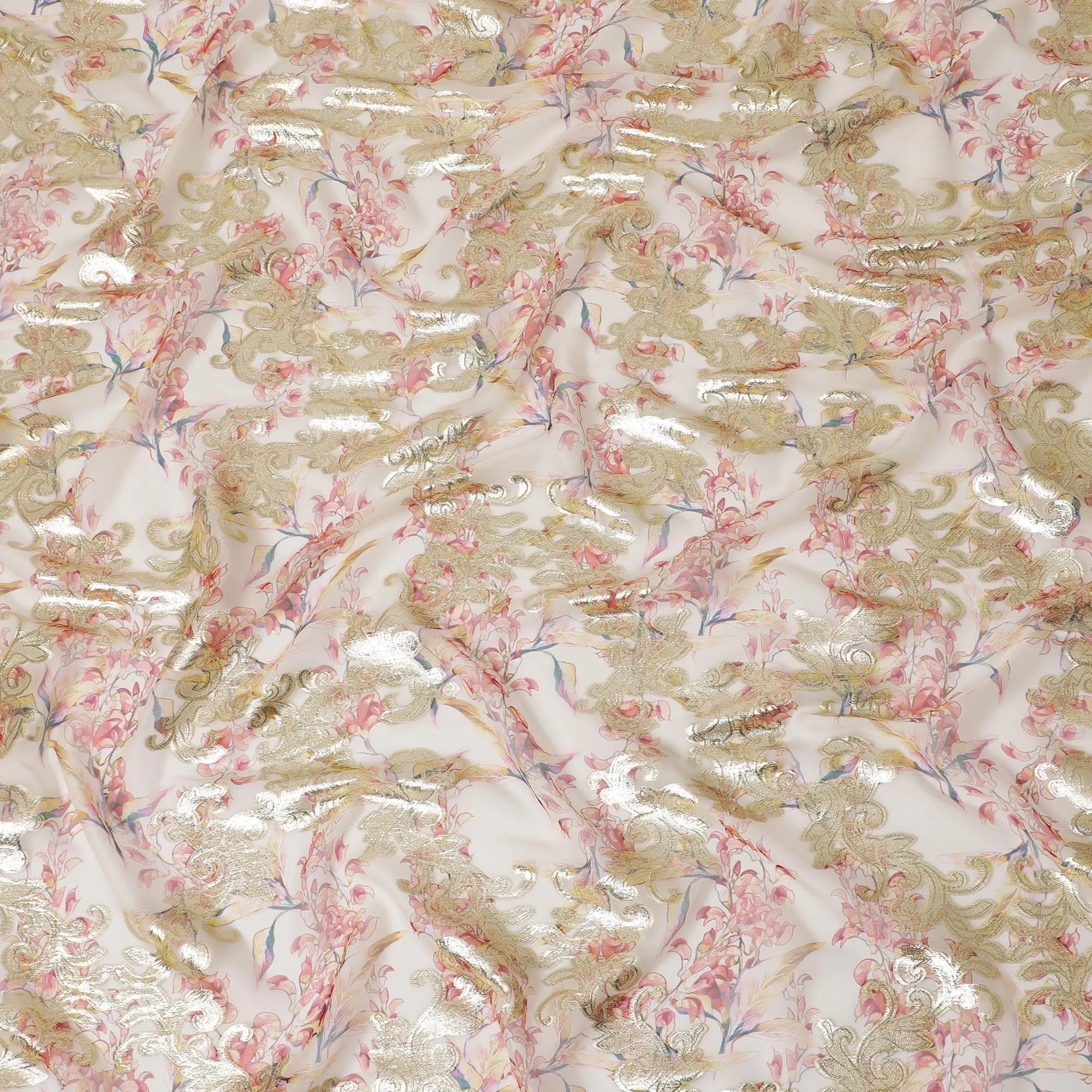 Beige Premium pure silk chiffon fabric with multicolor print and gold metallic lurex in floral design-D14295