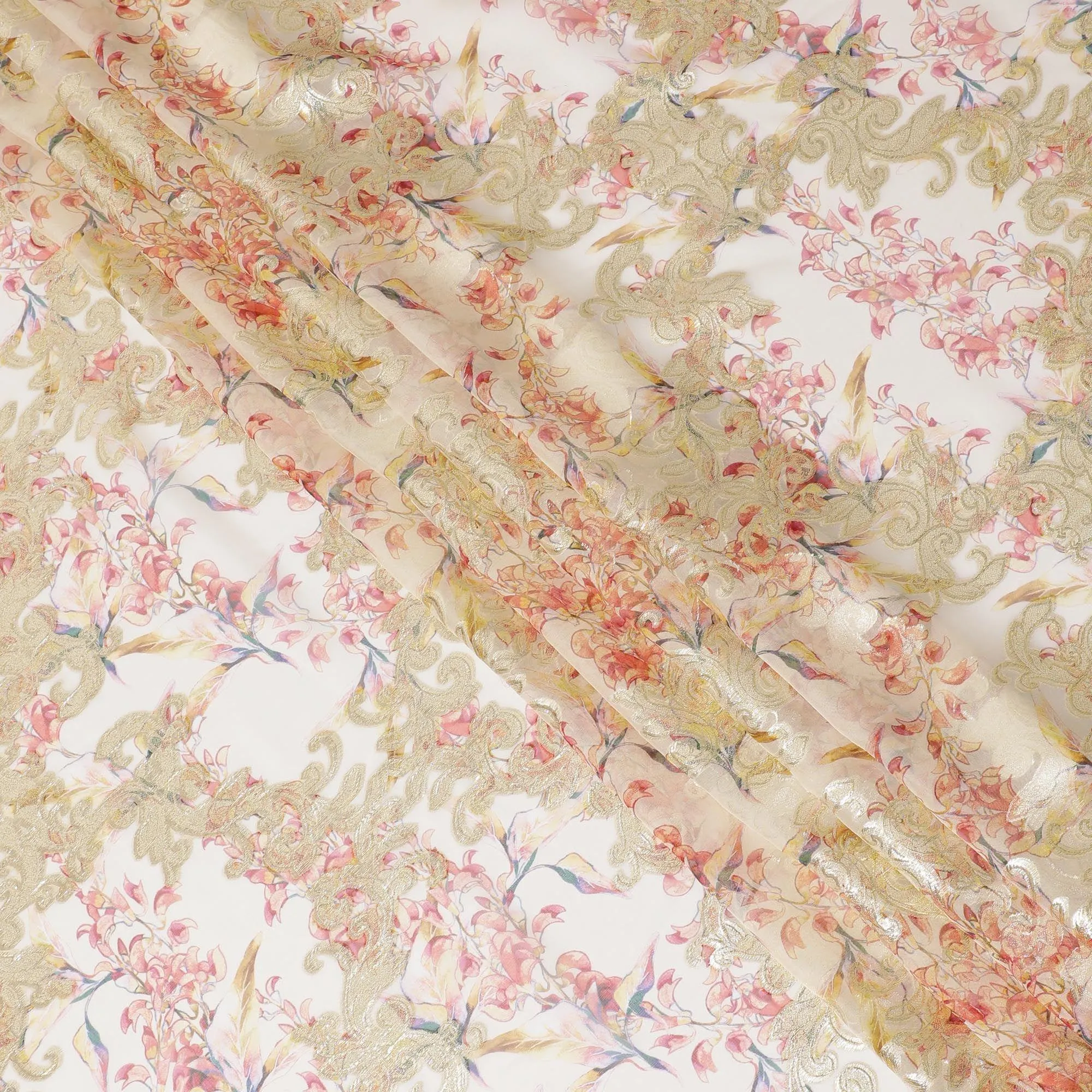 Beige Premium pure silk chiffon fabric with multicolor print and gold metallic lurex in floral design-D14295