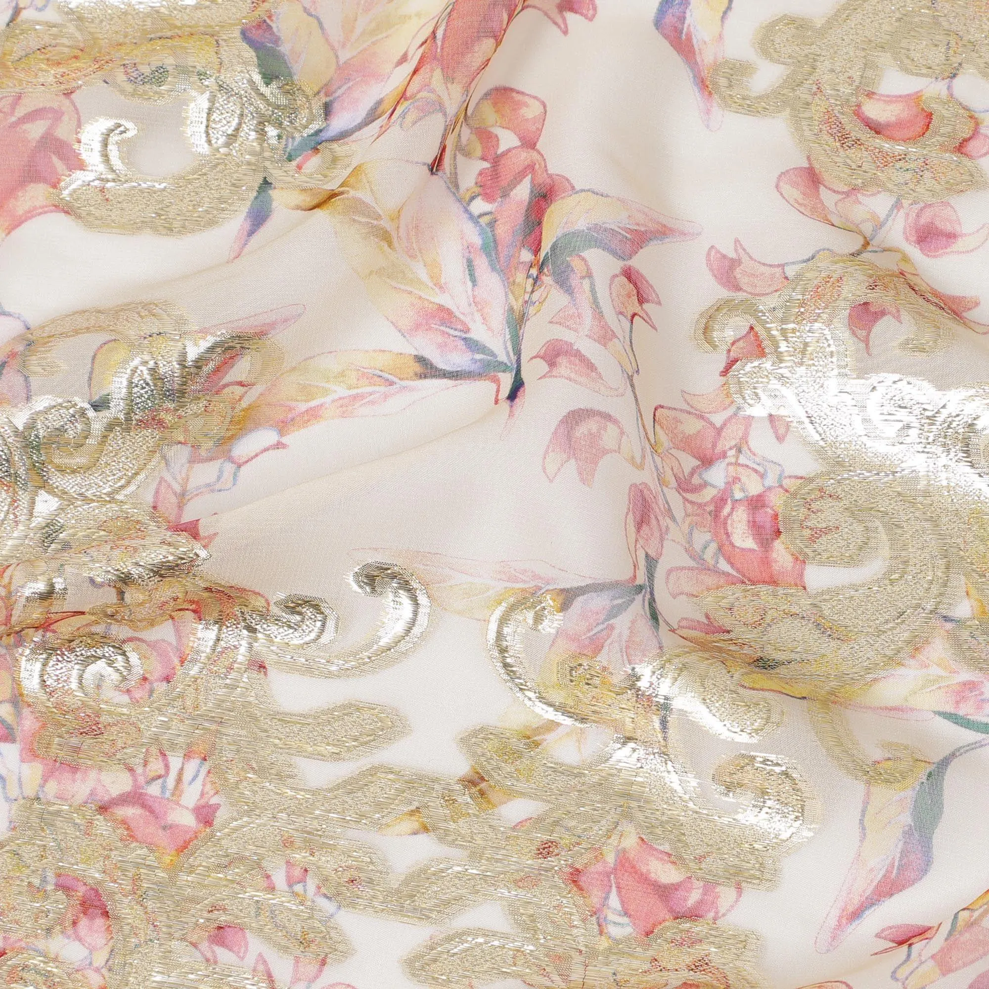 Beige Premium pure silk chiffon fabric with multicolor print and gold metallic lurex in floral design-D14295