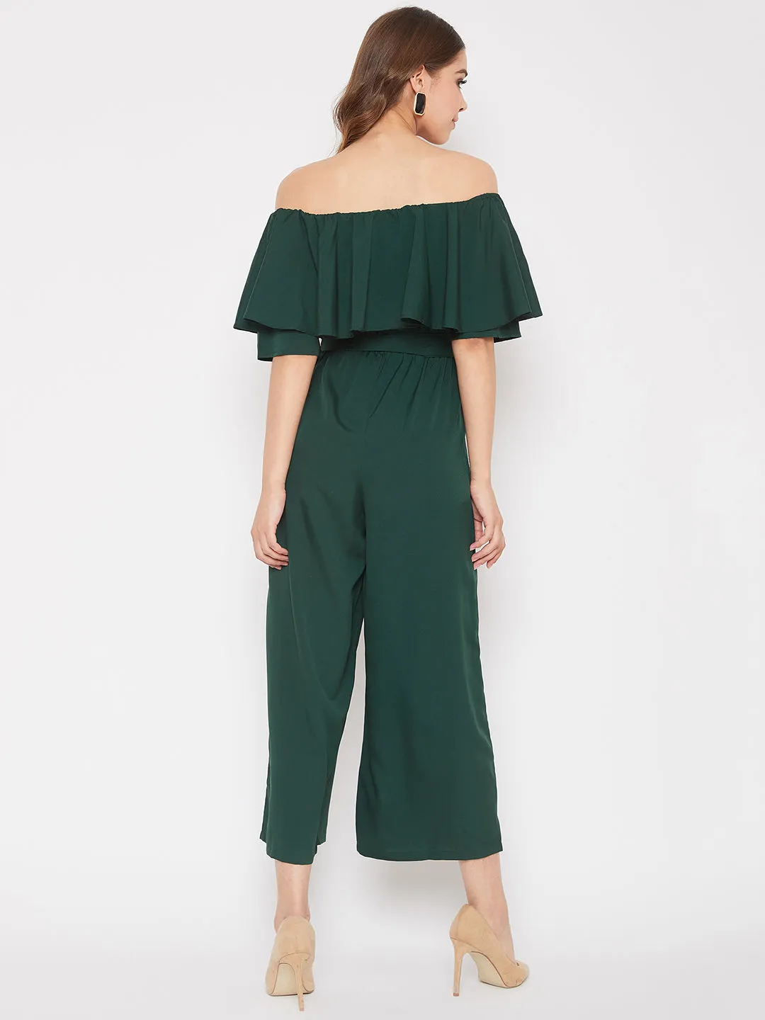 Berrylush Women Solid Green Off-Shoulder Waist Tie-Up Ruffled Jumpsuit