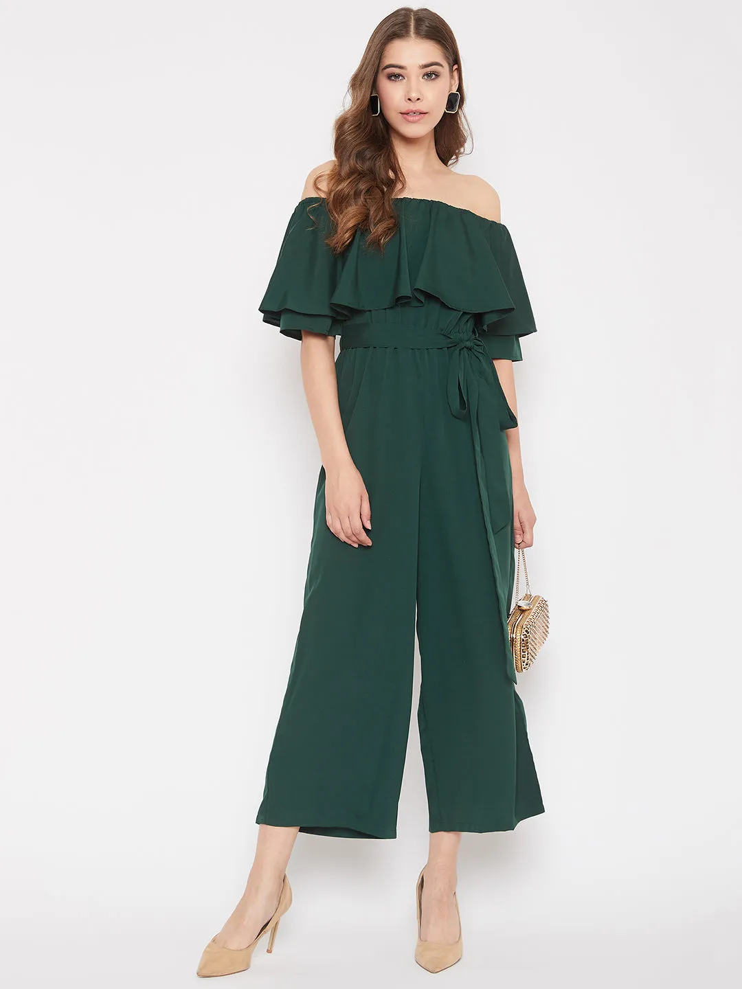 Berrylush Women Solid Green Off-Shoulder Waist Tie-Up Ruffled Jumpsuit