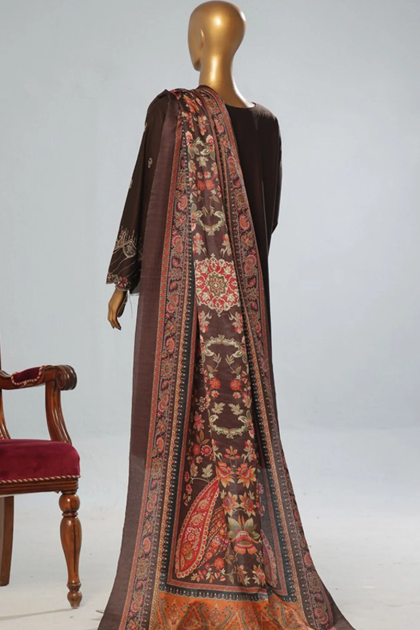 Bin Saeed Stitched 3 Piece Luxury Emb Khaddar With Shawl Collection'2024-WKK-1207-Brown