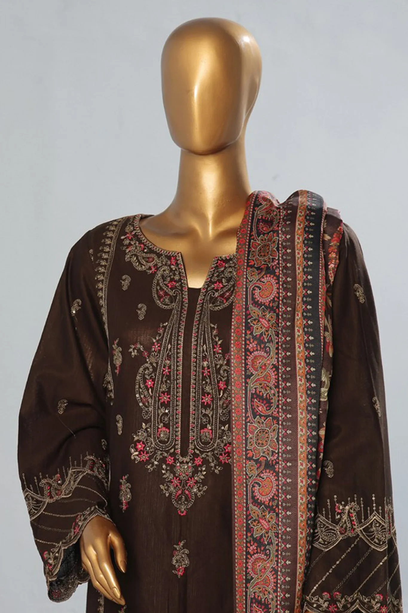 Bin Saeed Stitched 3 Piece Luxury Emb Khaddar With Shawl Collection'2024-WKK-1207-Brown