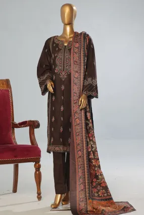 Bin Saeed Stitched 3 Piece Luxury Emb Khaddar With Shawl Collection'2024-WKK-1207-Brown