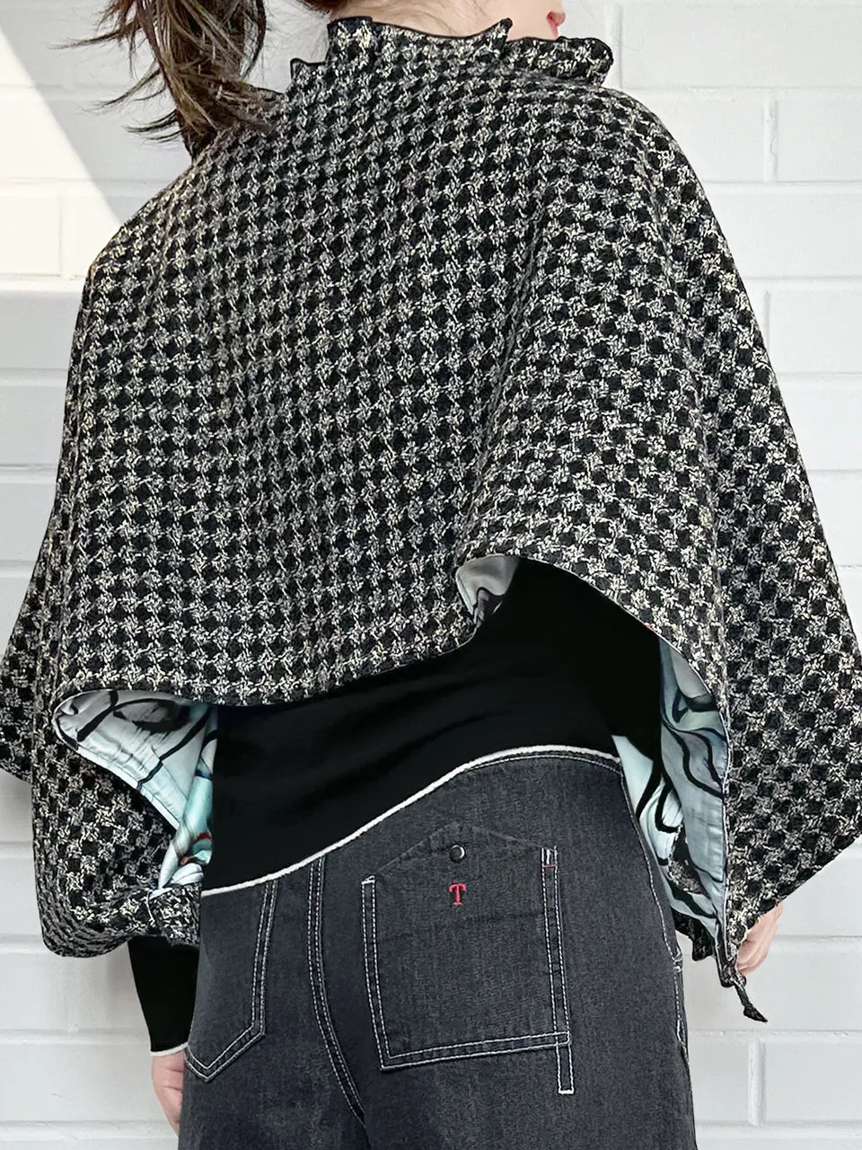 Black Lurex Check Three Way Ruffled Cape Cardi - Crop Top