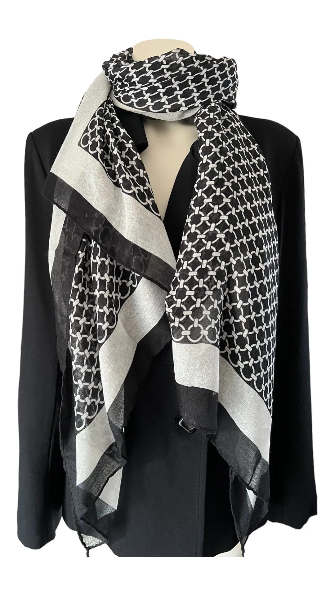 Black Mono Scarf- Circle Chain Print with Tassels