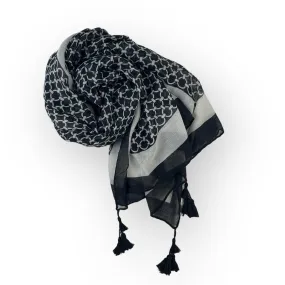 Black Mono Scarf- Circle Chain Print with Tassels