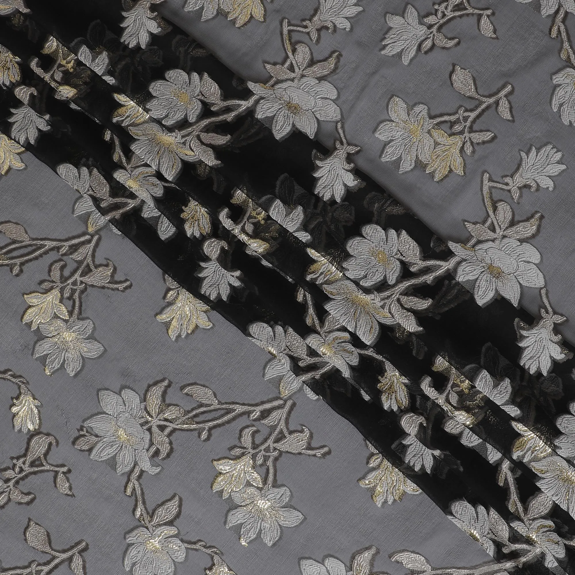 Black Premium pure French (Fransawi) silk chiffon fabric with grey, beige viscose having gold metallic lurex in floral design-D16286