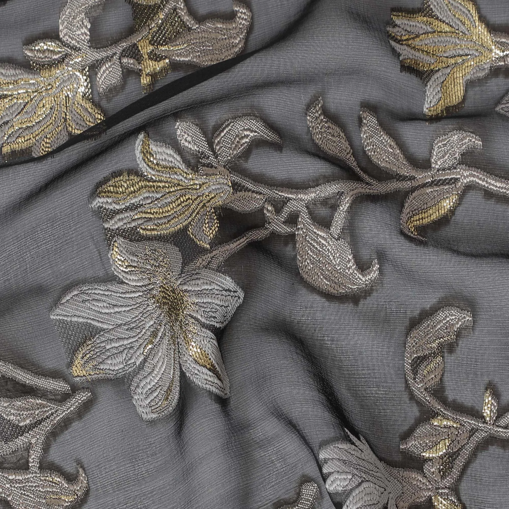 Black Premium pure French (Fransawi) silk chiffon fabric with grey, beige viscose having gold metallic lurex in floral design-D16286