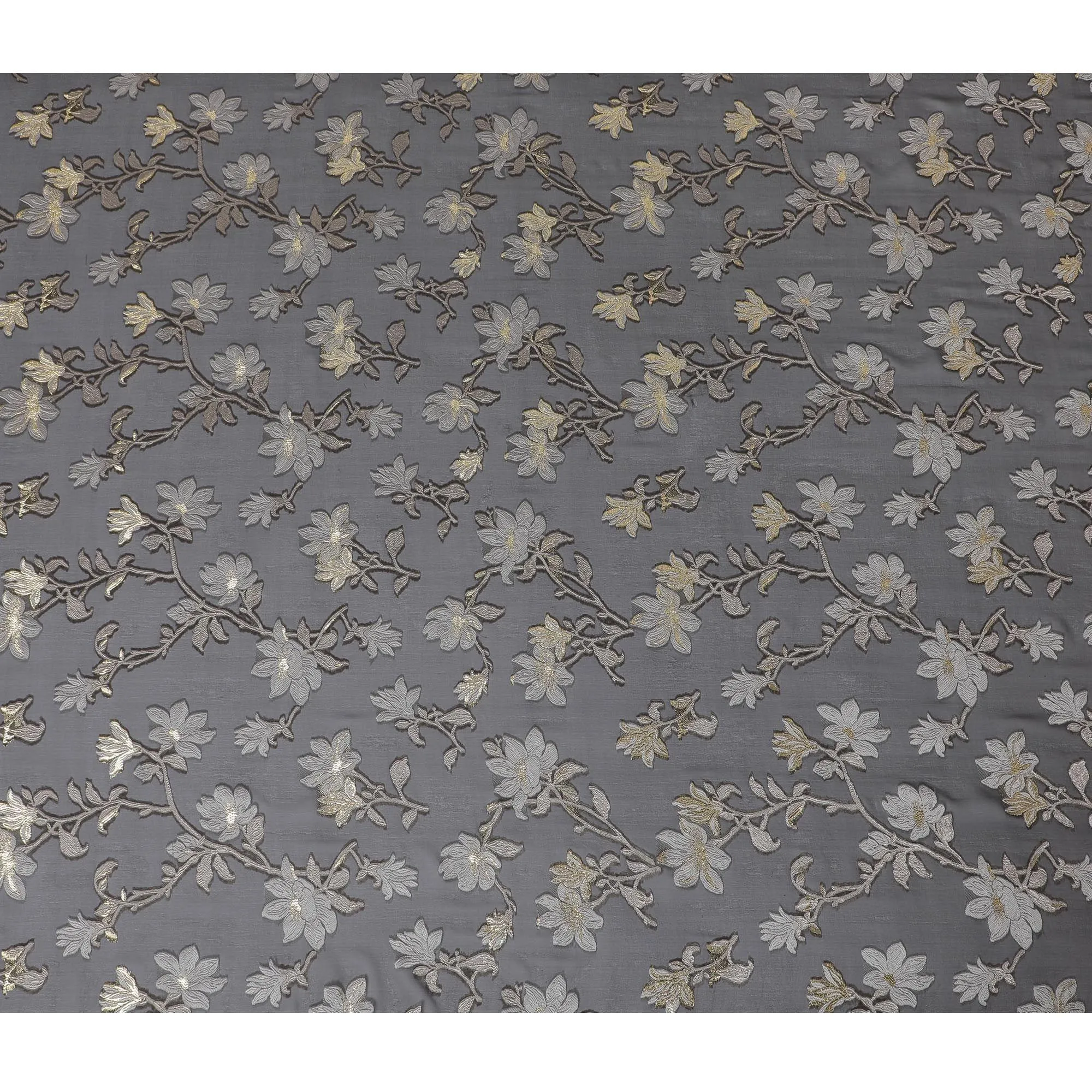 Black Premium pure French (Fransawi) silk chiffon fabric with grey, beige viscose having gold metallic lurex in floral design-D16286