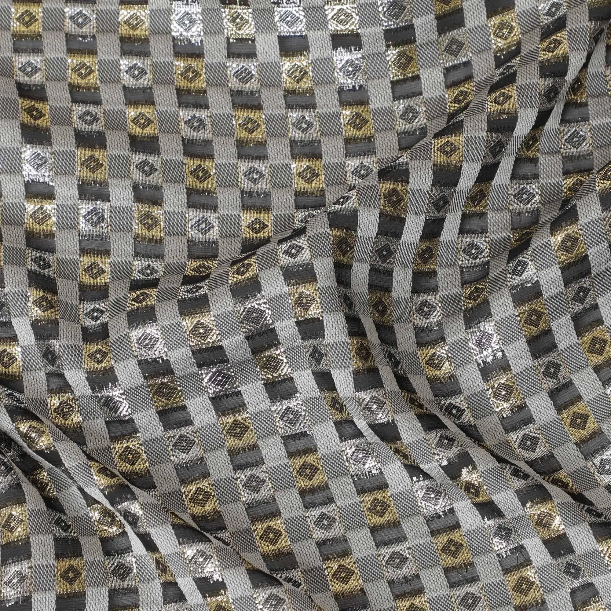 Black premium pure French (Fransawi) silk chiffon fabric with grey viscose having gold and silver metallic lurex in geometric design-D13849